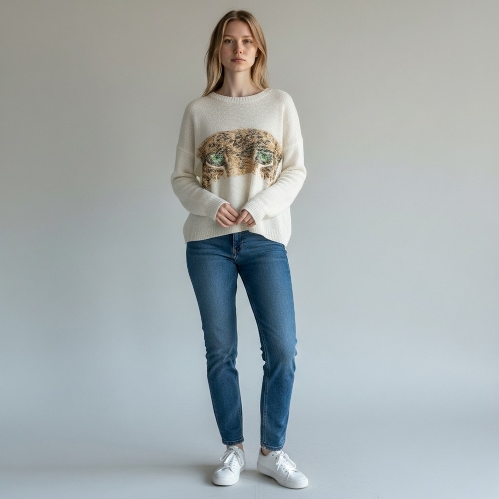 Iris Los Angeles Tiger Sweater Womens 1X Cream Graphic Knit Pullover Plus Size